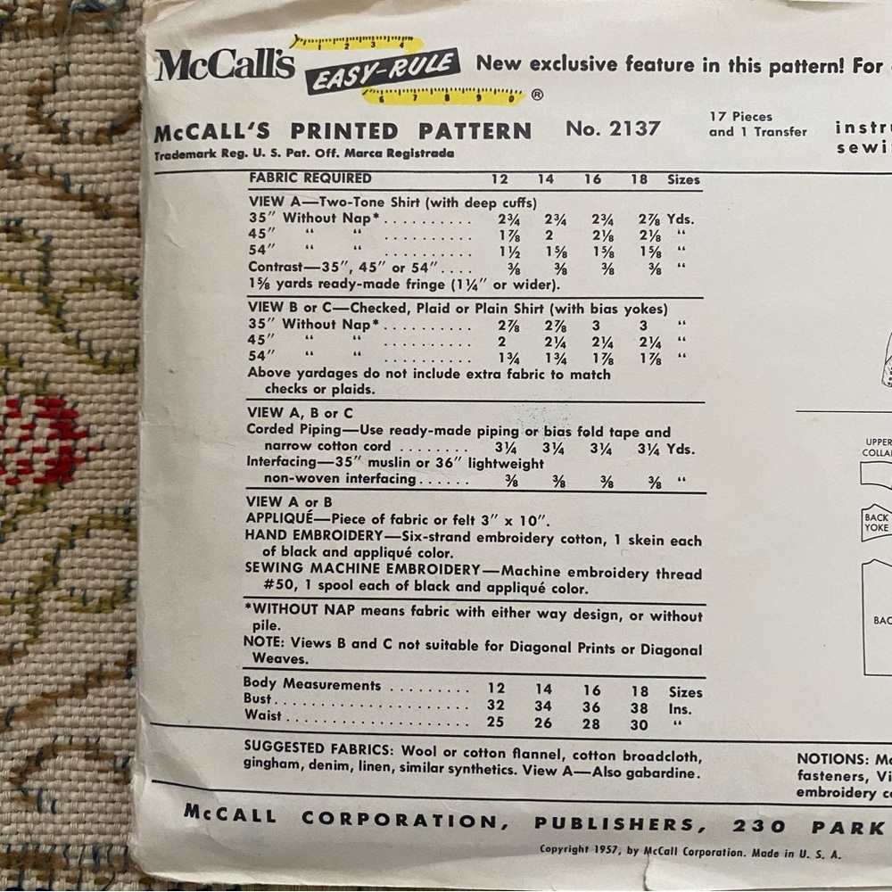 McCall's 2137 Misses’ Western Shirt Transfers Vintage Sewing Pattern 50s Bust 32 - Picture 3 of 3